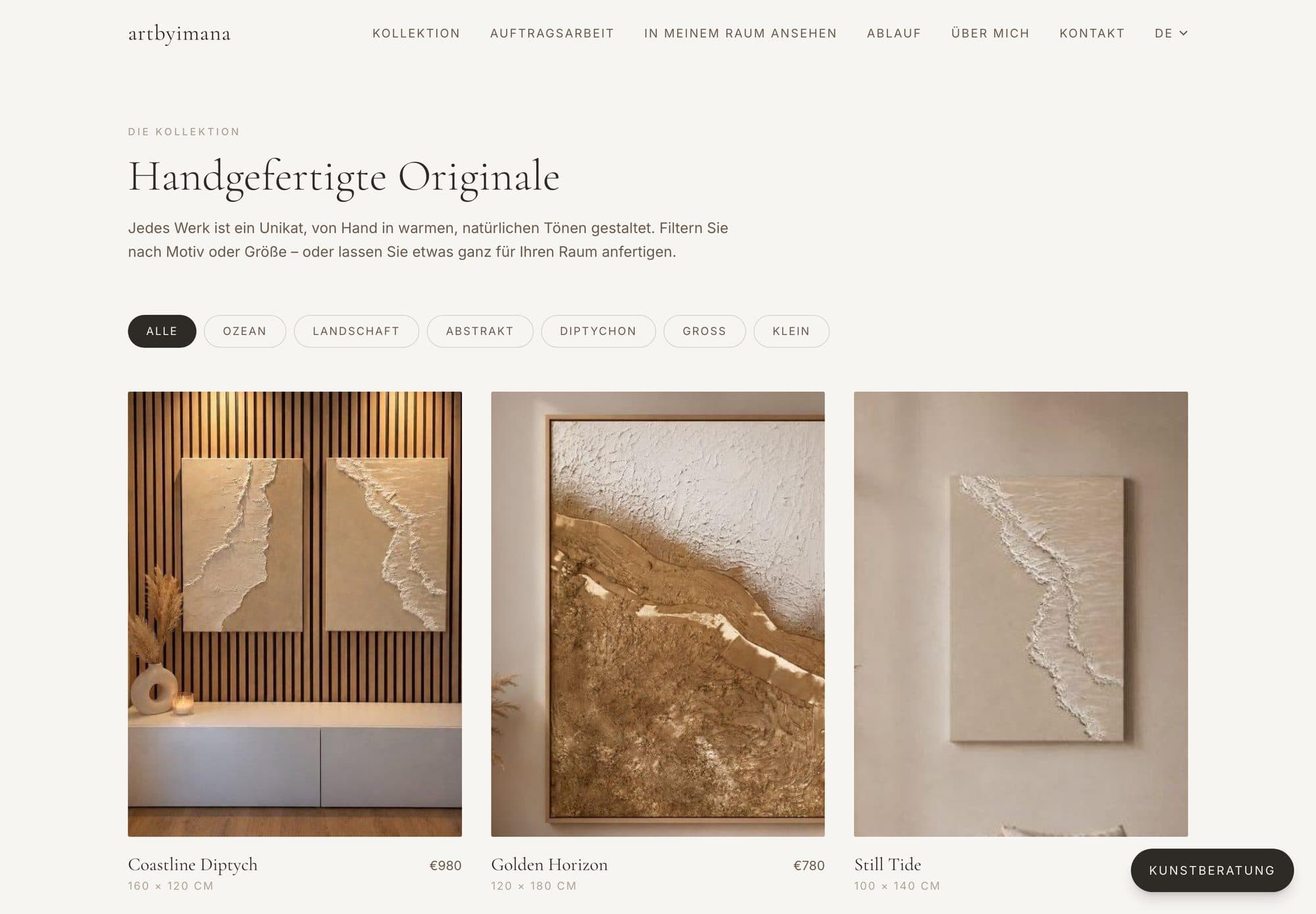 A filterable gallery — every piece priced and ready to buy or commission.