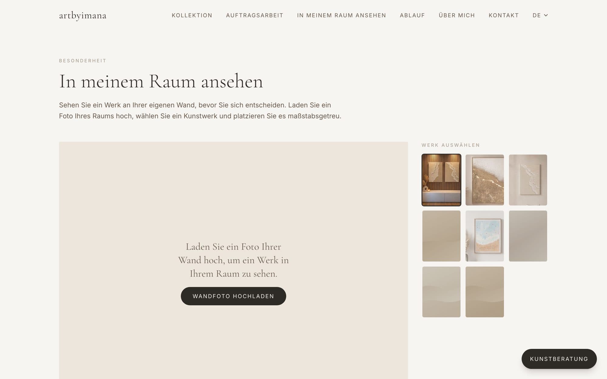 “Preview in my room” — buyers place a work on their own wall, to scale.