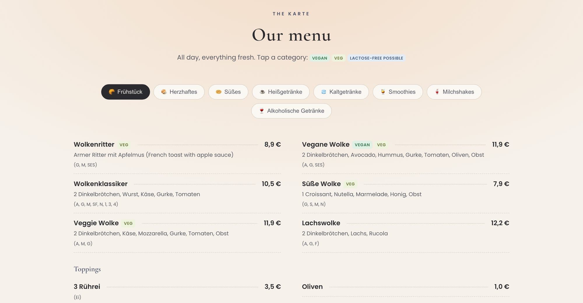 The live menu — the same source the smart assistant answers from.